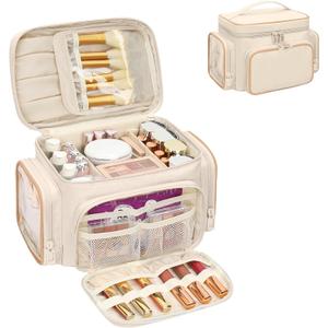 Bagmoly Large Makeup Bag, Portable Travel Makeup Bag Organizer for Women Girls with Makeup Brush Compartment & Two Side Pockets, Cosmetic Travel Bag Vertical Storage Toiletry - White