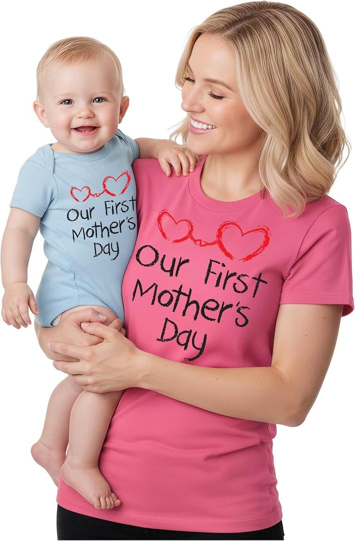 Tstars Our First Mother's Day Mom and Baby Matching Shirts - Mommy and Me Outfit Gift for New Moms and Infant (Pink, S)