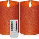 Retisee 2 Pcs Glitter Flameless Candles, 3.5'' x 5'' Realistic Artificial Metallic Flame LED Candles Battery Operated Candle with Remote for Halloween, Christmas, Wedding, Birthday (Orange)