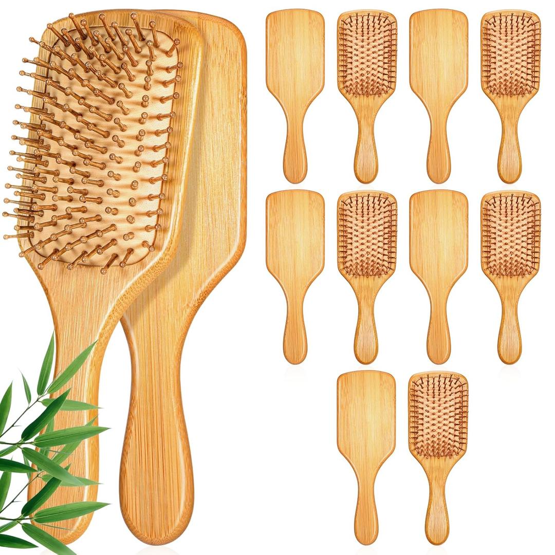 10 Pcs Bamboo Hair Brushes Bulk Wooden Paddle Brush for Women, Round-tipped Bamboo Bristles, Stimulates Scalp for Hair Growth, Natural Scalp Massage Anti Static Hairbrush, 9.65'' X 3.35''
