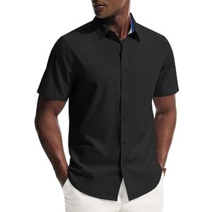 PJ PAUL JONES Men's Short Sleeve Button Down Shirts Wrinkle Free Untucked Dress Shirts for Men Stretch Collared Shirt Solid Regular Fit Black, 2 XL