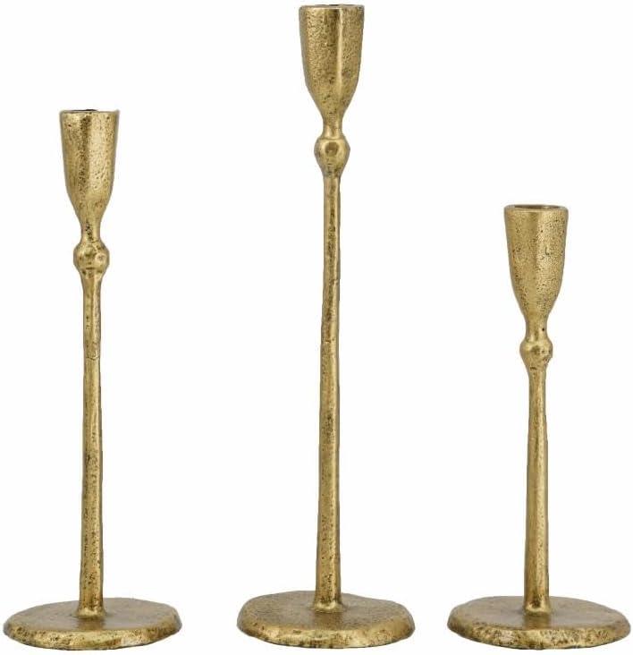 Rustic Gold Cast Iron Candle Holders Set of 2 - Vintage Style Candlesticks for Elegant Home Dcor - L:D3.5x12 / M:D3.5x10 / S:D3.5x8