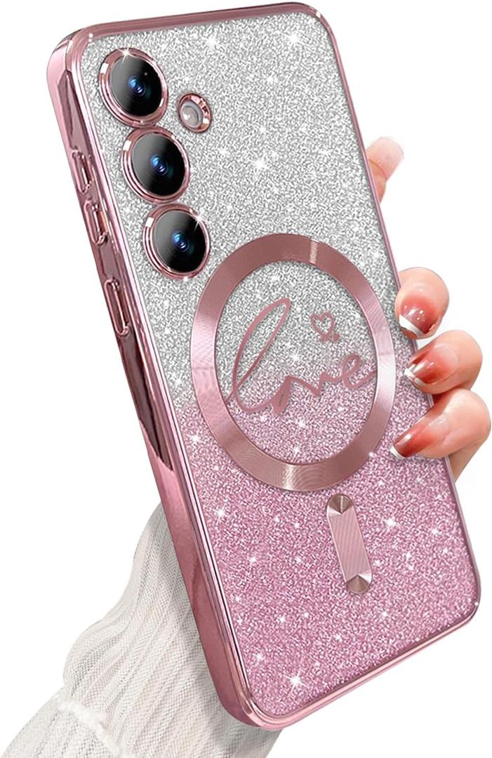 for Samsung Galaxy S24 Case Magnetic,for Women Girl Soft Cute Luxury Love Heart Plating Bling Glitter Gradient Clear Phone Case Compatible with MagSafe Shockproof Back Cover 6.1-Pink