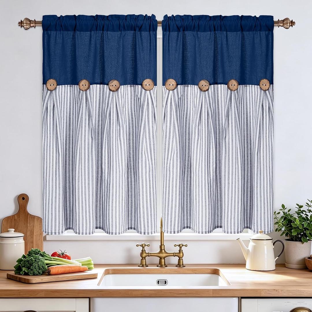 BLEUM CADE Farmhouse Kitchen Curtains 36 Inch, Cotton Linen Cafe Curtains with Rustic Buttons, Boho Small Window Curtains for Bathroom, Blue Stripe Half Window Drapes Over Sink, 2 Panels