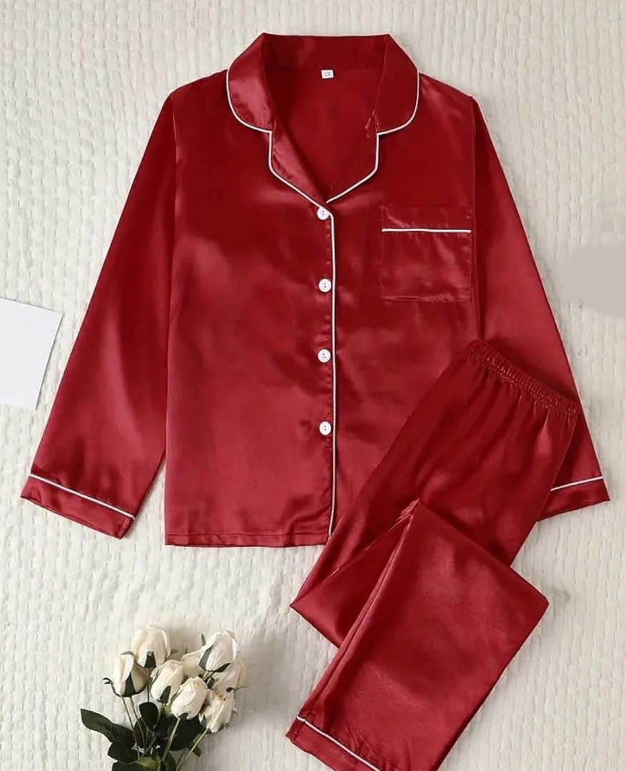 Women's Satin Long Sleeve Pajamas Set for Autumn and Winter-Button Top & Trouser Pajama Set Medium