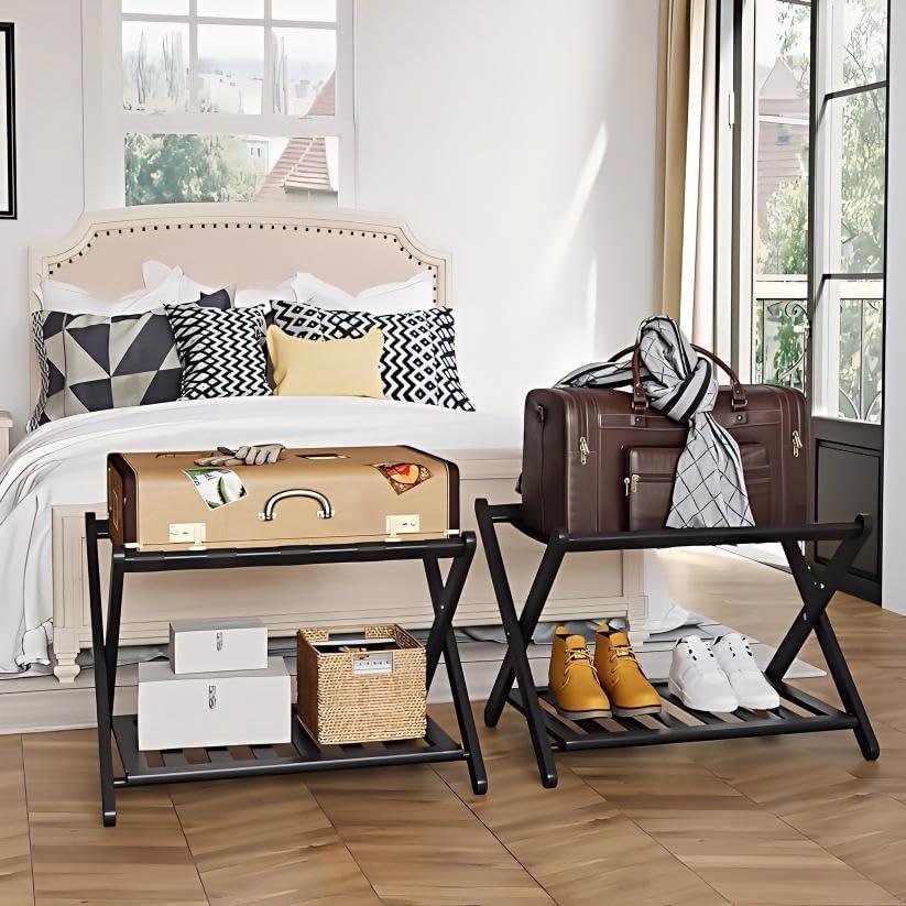 Set of 2 Fully Assembled Luggage Rack for Guest Room, 5 Straps Bamboo Suitcase Stand with Shoe Shelf, 26.77" Wide Foldable Luggage Holder for Bedroom, Hotel, Black