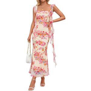 ZESICA Women's Summer Floral Maxi Dress 2026 Boho Sleeveless Square Neck Bodycon Mesh Wedding Guest Vacation Dresses (Yellow, XL)