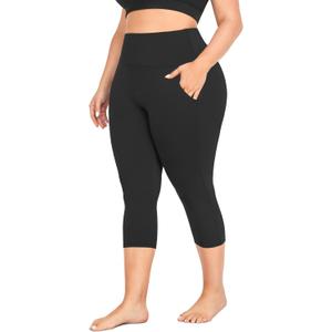 MOREFEEL Capri Plus Size Leggings for Women with Pockets-Stretchy Tummy Control High Waist Workout Black Yoga Pants, 4X-Large Plus