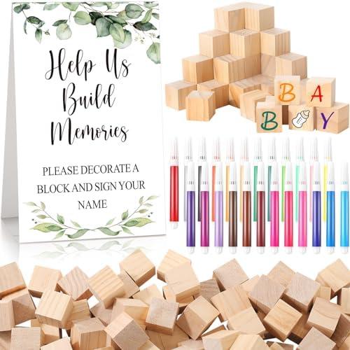 Dinifee 125 Pcs Baby Shower Decorate a Block Game Set Includes Help Us Build Memories Sign 100 DIY Blank Wooden Block 24 Paint Marker Prize for Wedding Baby Shower Game(Leaves)