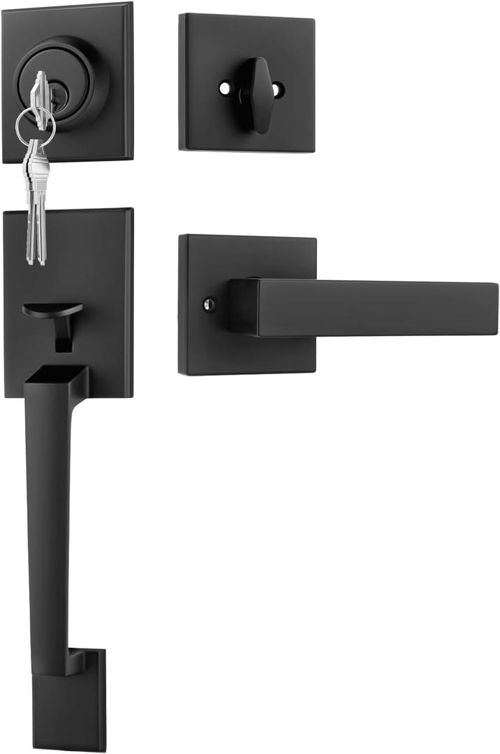 Goldenwarm Front Door Handle and Deadbolt Set, Black Front Door Lock Set with Reversible Handle Lever, Modern Front Door Hardware, Single Cylinder Front Door Entry Lock, Front Door Handles and Locks