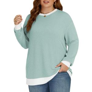 VISLILY Womens-Plus-Size-Tops Trendy Color Block Long Sleeve T Shirts Casual Loose Tunics Cute Knit Crewneck Blouses XL-5XL (XXL)