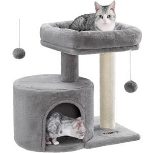 Feandrea Cat Tree Tower with Sisal Scratching Post, Cat Condo with Padded Perch, for Small Spaces, Kittens, Light Gray UPCT50W