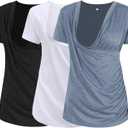 Liu & Qu Women's Maternity Nursing Tops, Layered Wrap for Breastfeeding, V-Neck Short Sleeve Tee Shirts 3 Packs (XX-Large, Black/White/Light Blue)