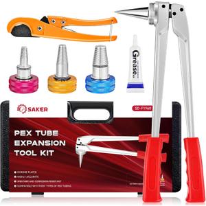 Saker PEX Tube Expansion Tool Kit | PEX-A Expansion Tool with 1/2'', 3/4'',1'' Expansion Heads | Mannual Expander Tool Kit SD-F1960 Standard PEX Coupling