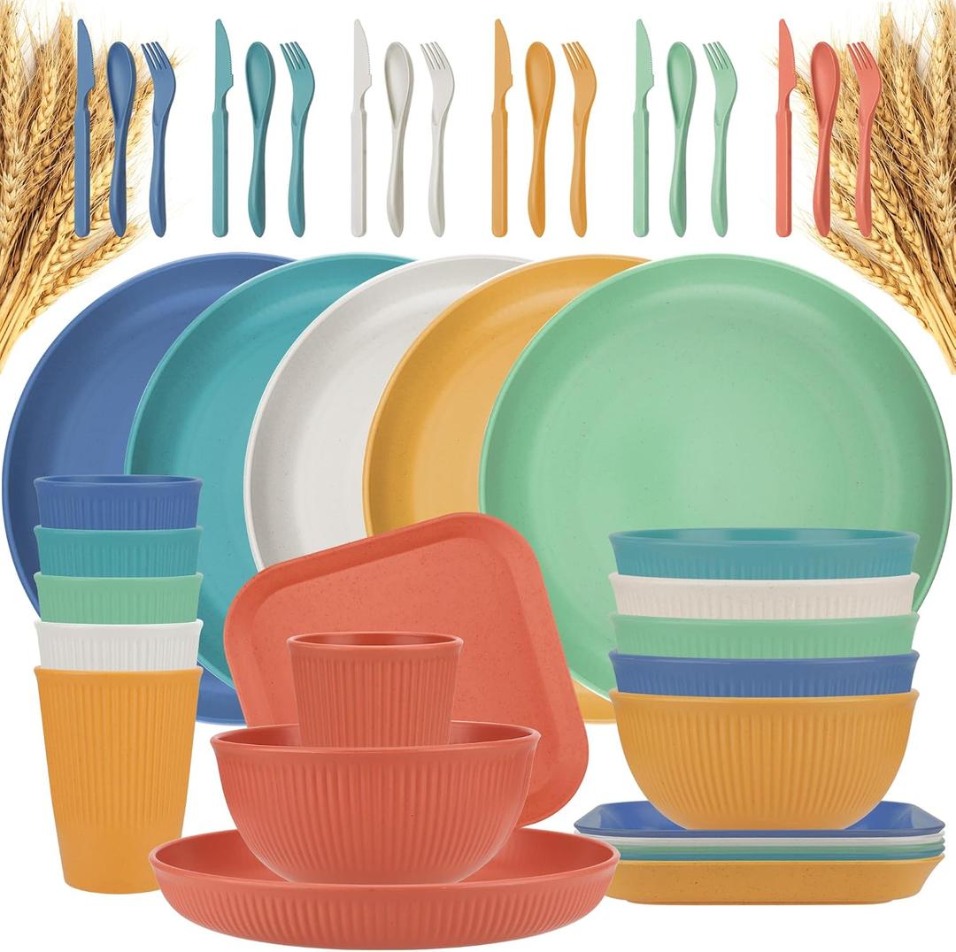 42-Piece Plates and Bowls Sets Wheat Straw Dinnerware Sets Service for 6, Unbreakable Dishwasher Microwave Safe Dishes Set Cups Sets Dinner Plates and Bowls Set for Kitchen