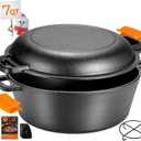 TLGREEN Cast Iron Dutch Oven Pot with Lid, Pot (5.1QT) and Lid as a Skillet(1.9QT) - Dutch Oven Cast Iron with Silicone Holders, Iron Stand, for Oven, Stove, Grill Campfire (7qt)