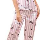 WDIRARA Women's Striped Bow Print Satin Pajama Set Short Sleeve Button Down Pants Pjs 2 Piece Sleepwear Multicolor Large