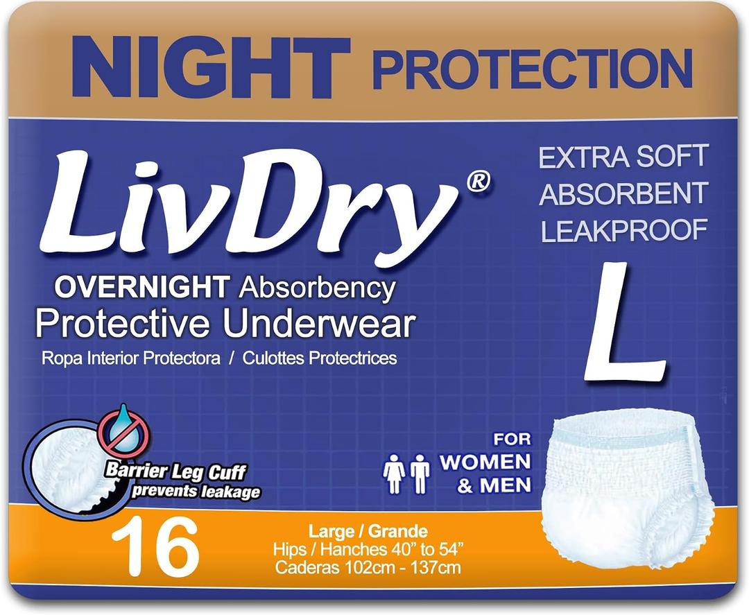 LivDry Adult Diapers Large Incontinence Underwear, Overnight, Leak Protection, 16-Pack Large