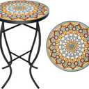 VCUTEKA Mosaic Outdoor Side Table - Small Patio Table Coffee Outside Accent Tables Round End Plant Tables for Bistro Balcony Porch Outdoor Benches 14'' Multi Yellow, 14 inches x 14 inches x 21.85 inches