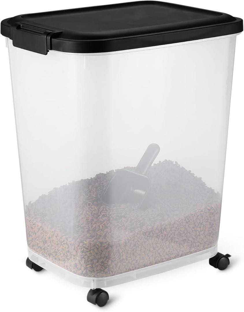 Amazon Basics Pet Food Storage Container with Wheels, BPA-Free, Detachable Scoop, 30lbs Capacity, Reliable Seal