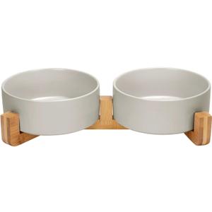 SPUNKYJUNKY Ceramic Dog and Cat Bowl Set with Wooden Stand, Modern Cute Weighted Food Water Bowl Set for Medium to Large Size Dogs (42 OZ, 2  Grey) (5 CUPS)