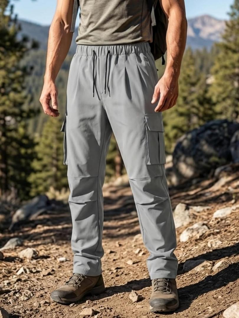 Men's Hiking Cargo Pants Casual Workout Joggers with Pockets (Grey, Large)
