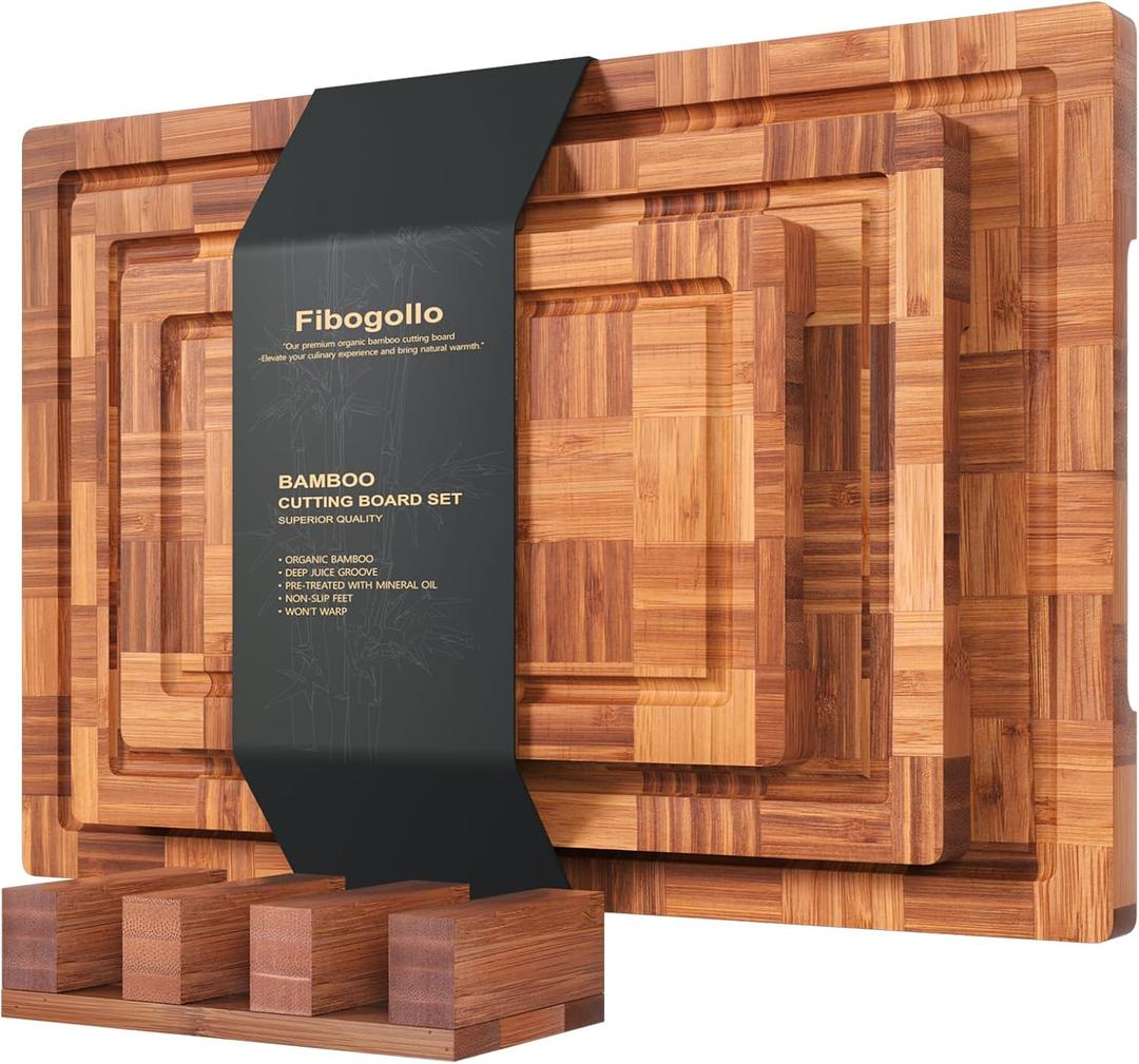 Bamboo Cutting Boards for Kitchen,Chopping Boards Set with Juice Groove,End Grain Bamboo Butcher Block,Serving Board with Holder(3 Pcs)