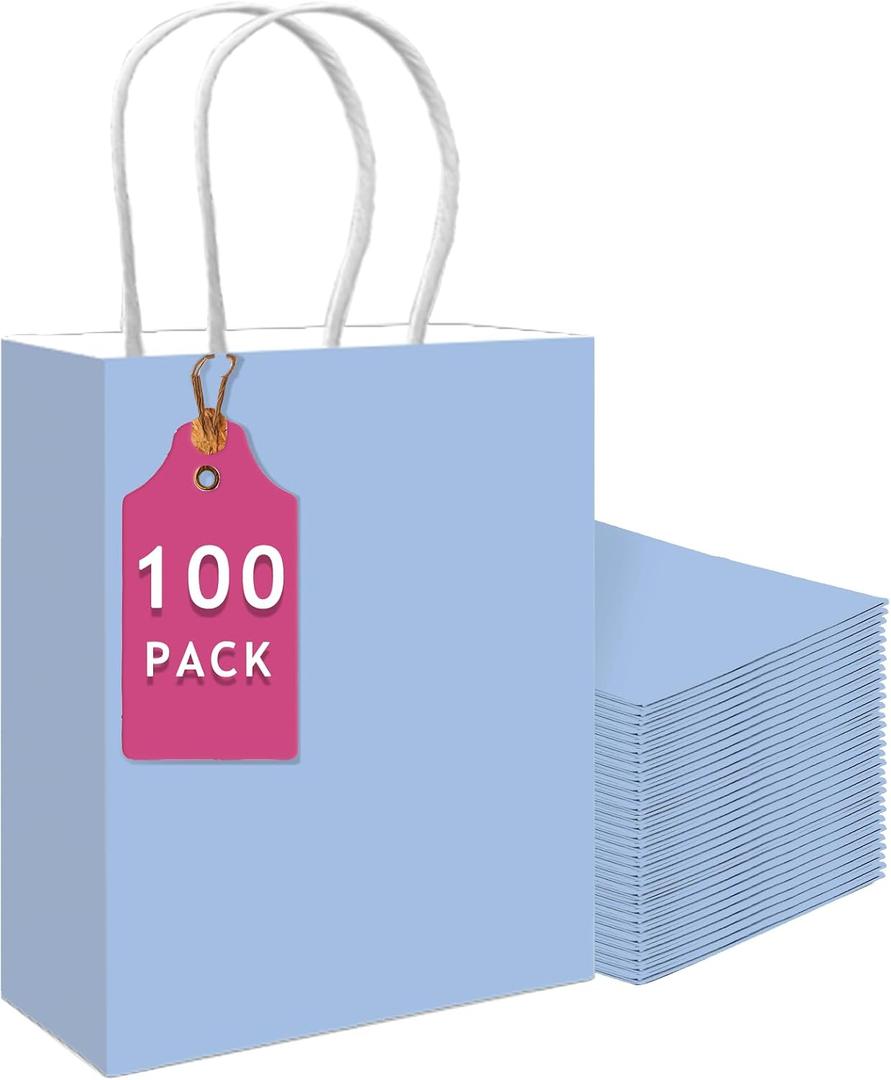Qiqee 100PCS Gift Bag with Handles Bulk Light Blue Paper Bags Multiple Uses (13''x5 x10 inch Large Size)