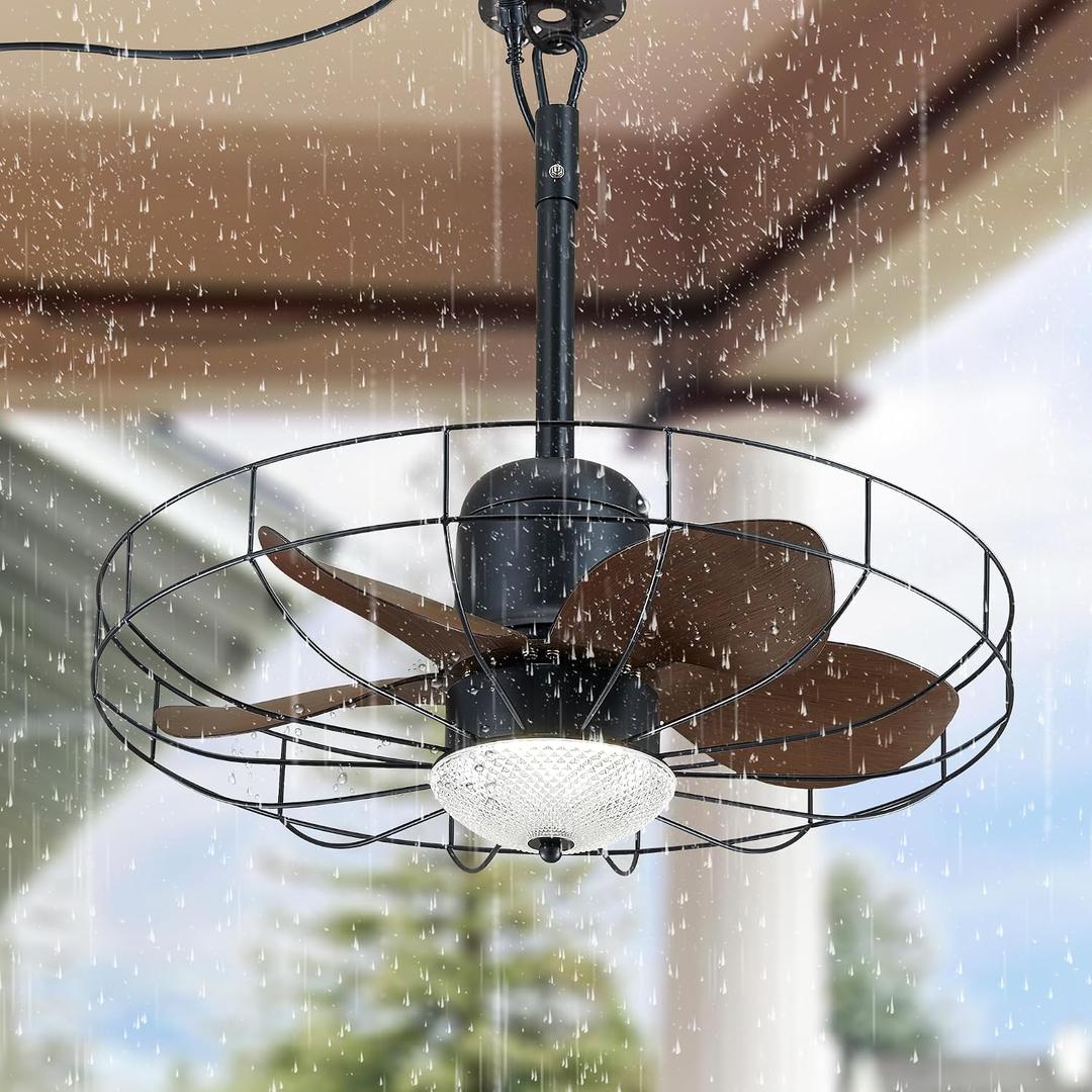 23" Outdoor Gazebo Fan, Plug-in Wet Rated Outdoor Ceiling Fan with Dimmable Light and Memory Remote, Outdoor Hanging Fan For Gazebo, Patio, Waterproof  F234-23IN-BK-Light