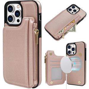 Delidigi for iPhone 14 Pro Max Wallet Case with MagSafe, Women PU Leather Flip Card Holder Zipper Pouch Wallet Case for iPhone 14 Pro Max 6.7", Support Wireless Charging Rose Gold