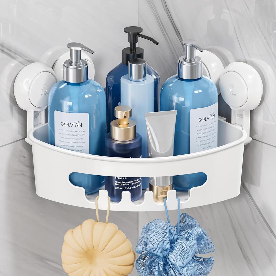 TAILI Corner Shower Caddy with Suction Cups, Wall Mounted Organizer Plastic Rack for Small Bathrooms, Kitchen, Removable Drill-Free Heavy Duty Shelf Basket, White