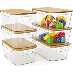 6 Pack Clear Storage Bins with Bamboo Lids, Stackable Organization and Storage Containers with Handle for Pantry, Cabinet, Closet, Fridge, Bathroom, Organizer Bins for Home & Kitchen