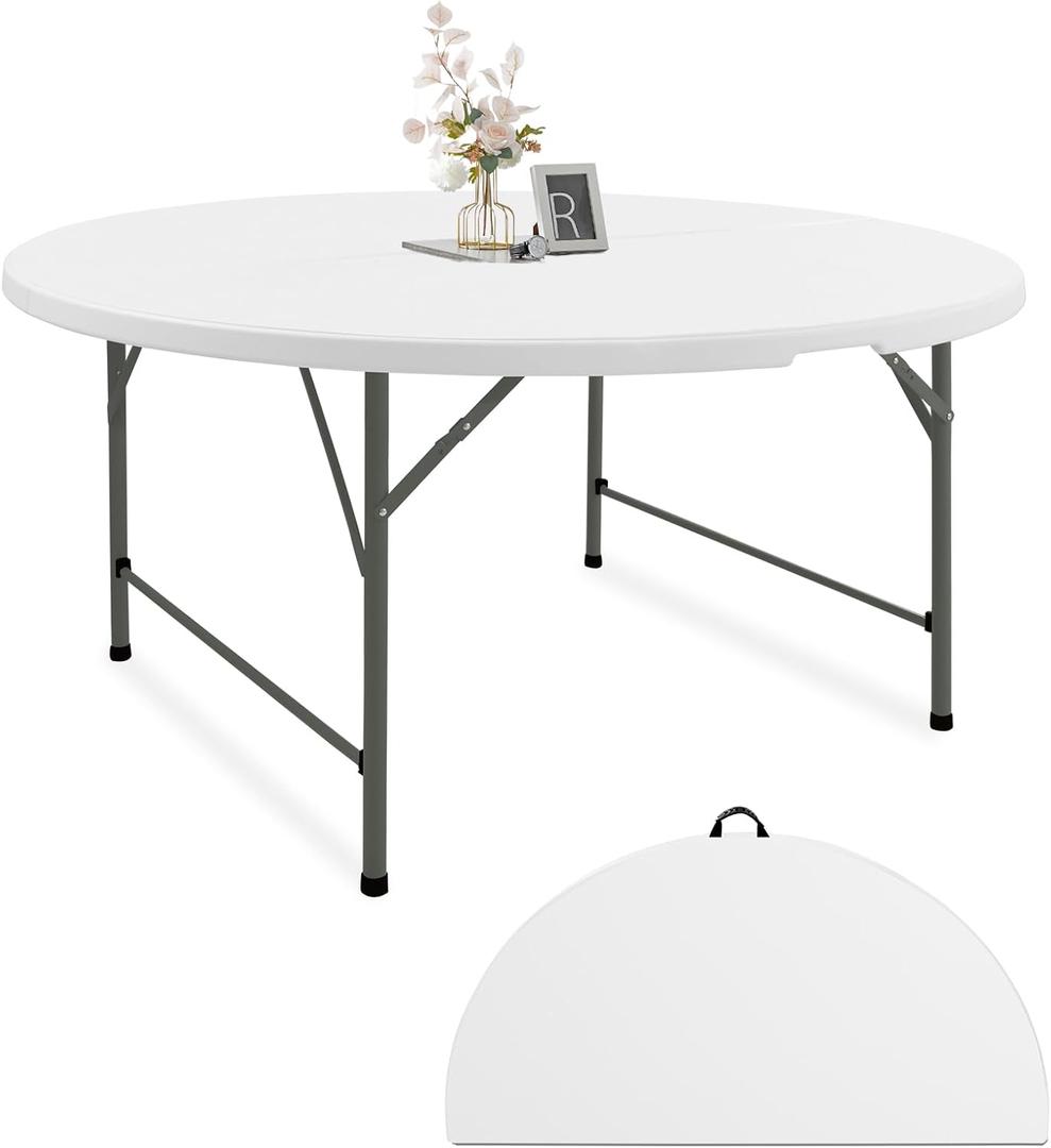 Fivenl 4 FT Round Folding Tables White Foldable Table, Fold-in-Half with Carrying Handle Portable Plastic Table for Party, Dining, Wedding, Camping, Picnic, Indoor Outdoor Events