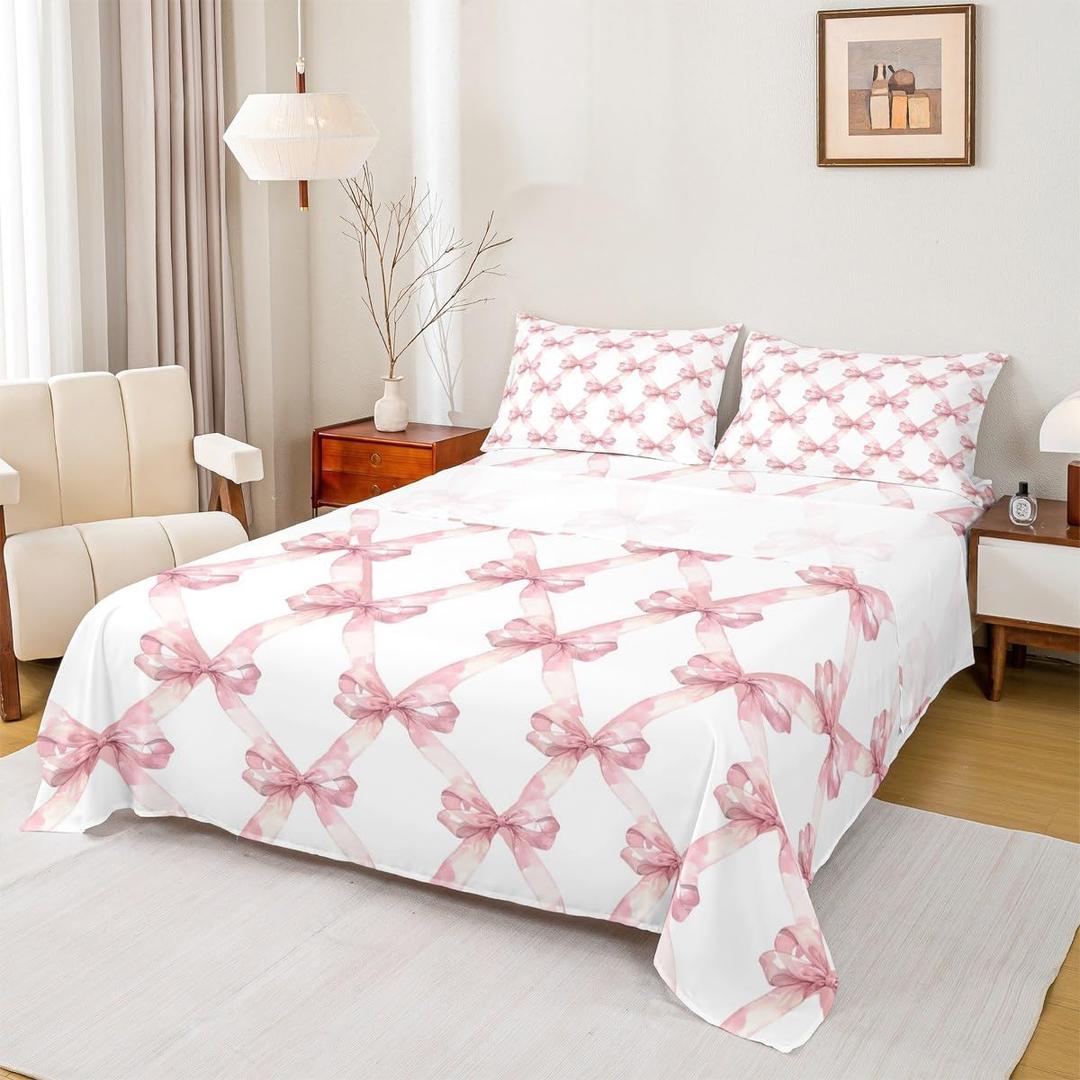 Manfei Pink Bowknot Bed Sheet Queen Size,Dreamy Princess Style Kids Girls Sheets,Watercolor Bow Geometric Grids White Bedding Sets (1 Fitted,1 Flat,2 Pillowcases) Deep Pocket Bed Sheets