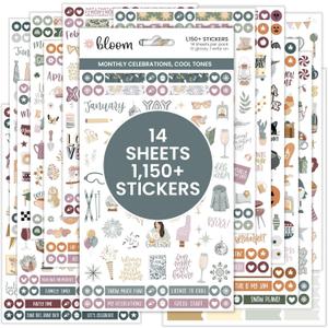 bloom daily planners Monthly Celebrations Planner Stickers for Calendar Decorating, Planning, Scrapbooking - Holiday, Seasonal, & General Events (14 Sheets, 1,150+ Stickers per Pack) - Cool Tones