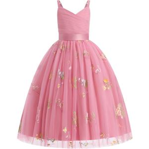 IBTOM CASTLE Flower Girls Dress Spaghetti Strap Long A Line Formal Wedding Pageant Princess Birthday Party Dance Gown (Dusty Pink-floral)