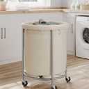 SONGMICS 50.2-Gallon (190 L) Laundry Basket with Wheels, Rolling Round Heavy-Duty Laundry Hamper Cart with Steel Frame and Removable Bag, 2 Locking Wheels, Cream White and Metallic Silver URLS01MZ