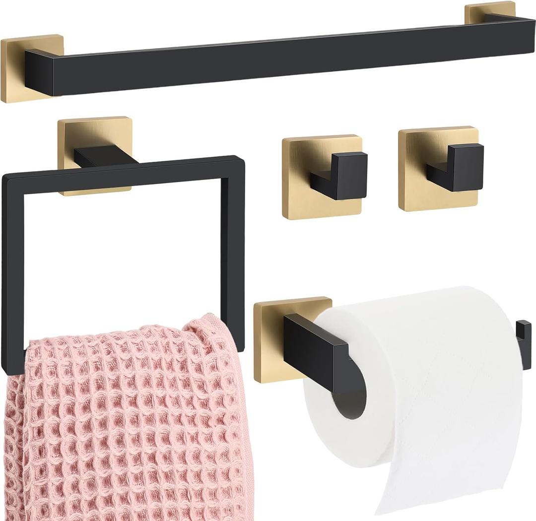Gisafai 5 Pcs Black Gold Bathroom Hardware Accessories Set 23.6 Inch Bath Towel Bar Kit Stainless Steel Bathroom Hardware Set Towel Racks Ring Robe Hooks Paper Holder for Wall Mounted