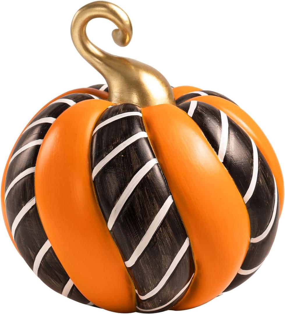 Black and White Decorative Pumpkins, 7.6" Large Resin Pumpkins for Decorating, Fall Halloween Figurines Table Centerpiece Home Decorations, Autumn Thanksgiving Indoor Desk Shelf Mantel Decor