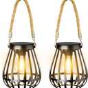 Solar Lanterns Outdoor Waterproof: Metal Hanging Lights for Outside with Rope for Garden, Yard, Patio, Porch, Balcony Decorations, Bright Hanging Solar Lantern Outdoor Decor Gifts for Women