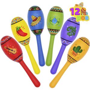 JOYIN 12 Mini Wooden Fiesta Maracas 6 Designs Noisemaker for Mexican Fiesta, Cinco De Mayo Party Favors, Musical Fun, Birthday Parties, Luau Party, Carnivals, Taco Tuesday Event