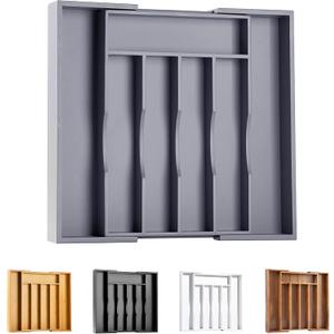Kitchen Silverware Drawer Organizer and Storage Bamboo Wood Cooking Utensil Holder Cutlery Knife Jewelry Spice Rack Spoon Fork Multi Cabinet Organization Bathroom Counter Expandable Adjustable Tray (7 Slots Expandable, Gray)