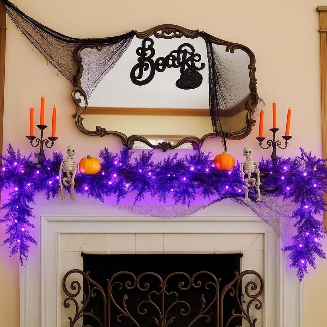 Halloween Black Garland with Purple Lights, 6.56 ft Lighted Cedar Pine Needle Artificial Garland with LED Faux Realistic Hanging Vine Twigs for Halloween Mantle Banister Fireplace Decor