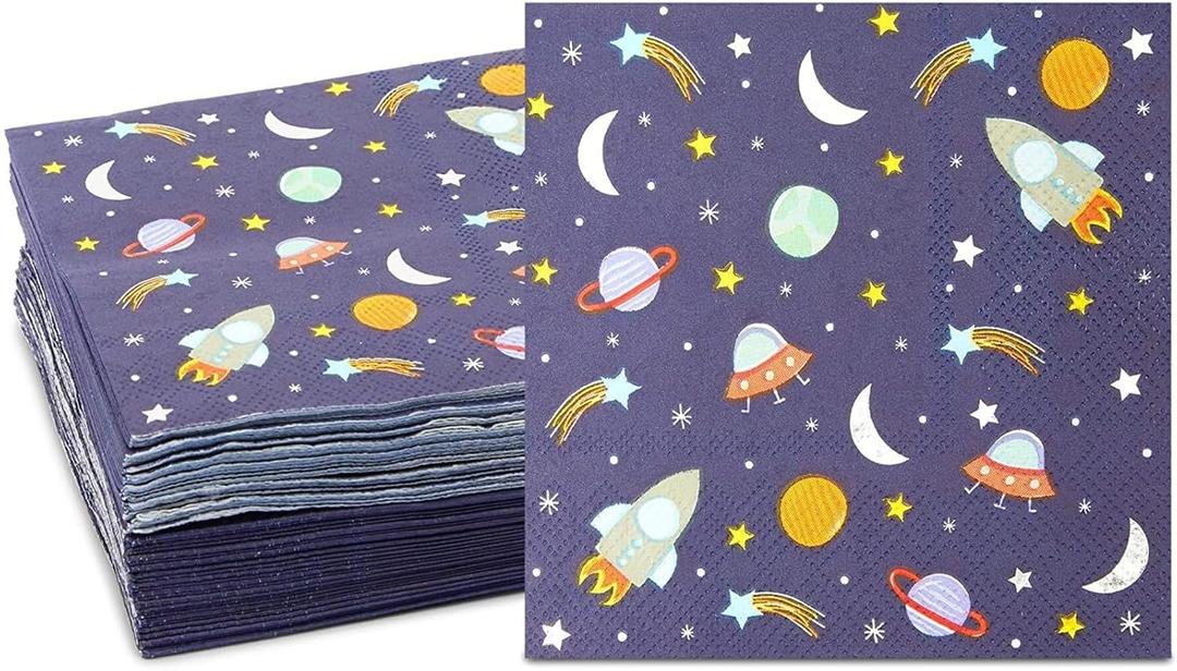 BLUE PANDA 50 Pack Rocket Ship Napkins for Outer Space Decor and Space Themed Birthday Party Decorations (5 x 5 In Blue Napkins)