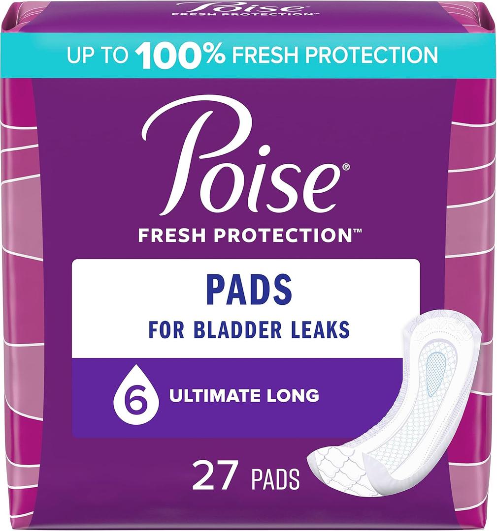 Poise Postpartum Incontinence Pads for Women, Ultimate Absorbency, Long, Original Design, 4 Pack of 27 Count