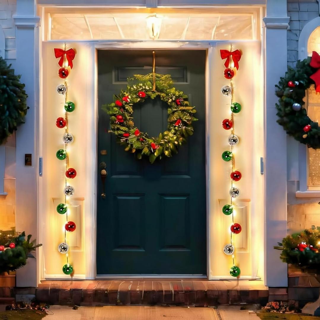 Pinkunn 2 Set Lighted Christmas Porch Decorations Christmas Front Door Ball Garlands with LED Lights Red Bow Xmas Light Bulb Ornaments for Front Door Xmas Tree Wreath Window Wall Indoor Outdoor Decor