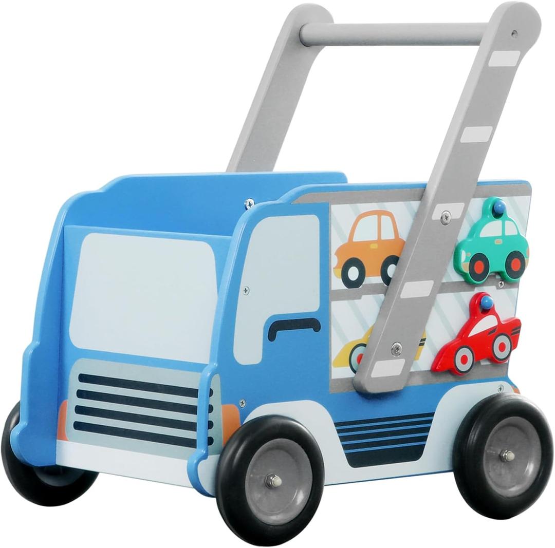 labebe Baby Wooden Learning Walker, 2-in-1 Toddler Push & Pull Toys Stroller Pushing Walker, Infant Sit to Stand Wood Walker Wagon, Transfer Cart Toy for Girls & Boys 1-3 Years Old Kids, Blue