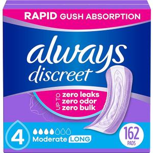 Always Discreet Adult Incontinence Pads for Women, Moderate Absorbency, Long Length, Postpartum Pads, 162 Count (3 Packs of 54)