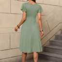 Women's Spring Casual Ruffle Short Sleeve Wrap V-Neck A-Line Loose Fit Swing Party Work Midi Dress with Pockets (Green, XXXL)