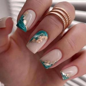 Square Press on Nails Medium Fake Nails Green False Nails with Designs Gold Foil Glossy Glue on Nails Full Cover Acrylic Nails Cute Artificial Stick on Nails for Women Manicure Decorations 24pcs (Style-19)